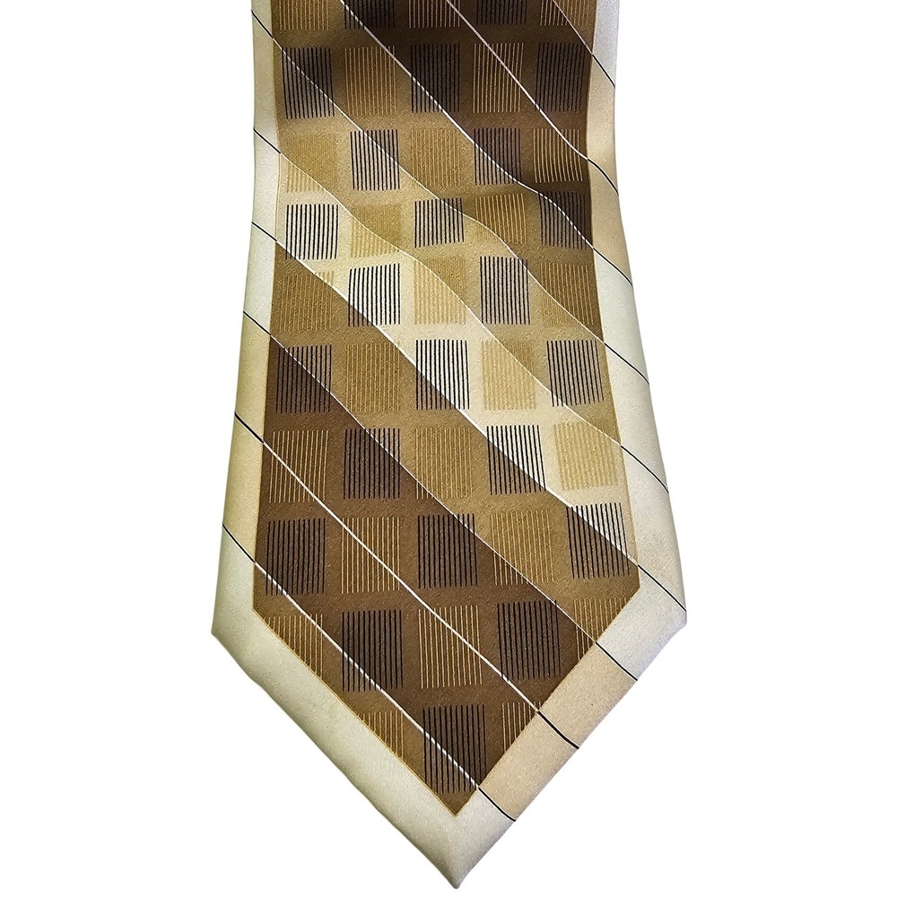 Stacy Adams Mens Silk Tie Geometric Striped Square Gold Tan Brown Hand Made 60in
